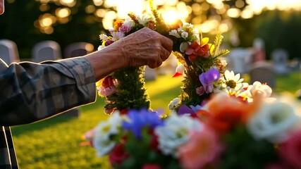 A solemn tribute as a veteran honors the fallen with a handmade wreath on Memorial Day.