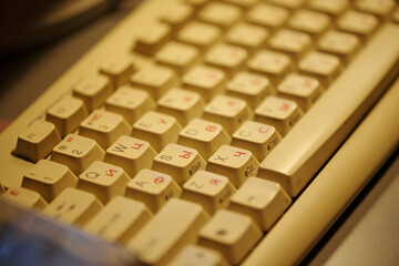 Vintage keyboard featuring Cyrillic letters with a nostalgic feel Capturing details of worn-out...