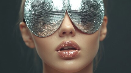 A striking portrait of a model wearing oversized mirrored disco sunglasses, showcasing a contemporary and glossy fashion statement set against a neutral background.