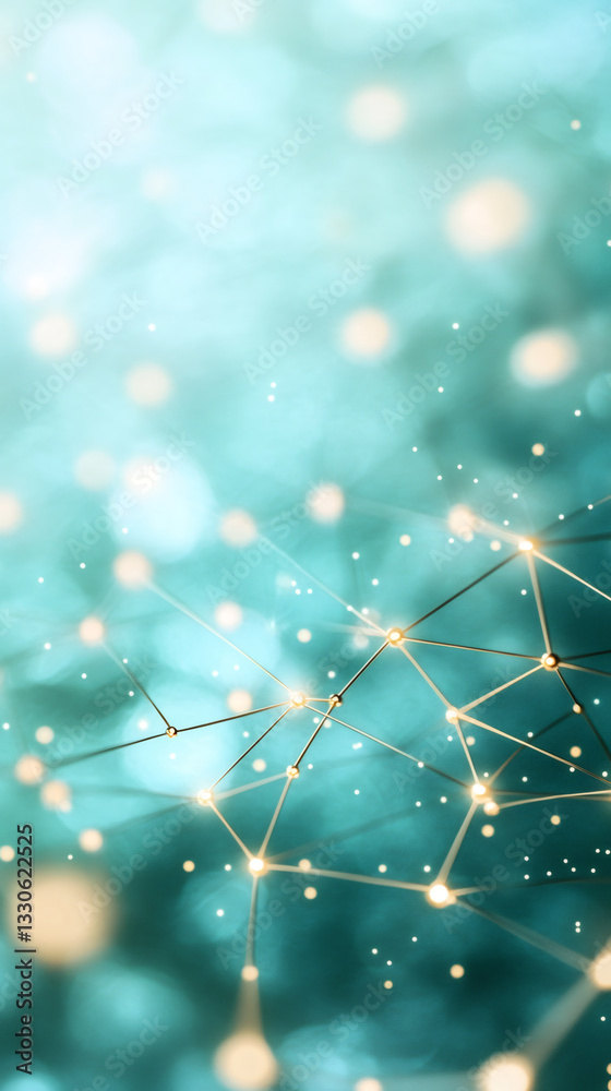 Aufkleber Abstract network nodes connecting and glowing on a turquoise bokeh background, representing data transfer, technology, and communication