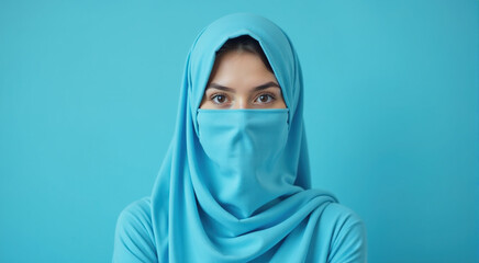 Naklejka premium Close-up portrait of a young woman wearing a light blue hijab, against a bright blue background. Calm expression, indoor studio shot.