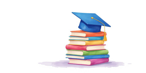 Colorful illustration of a graduation cap on a stack of books. Perfect for education and graduation related projects.