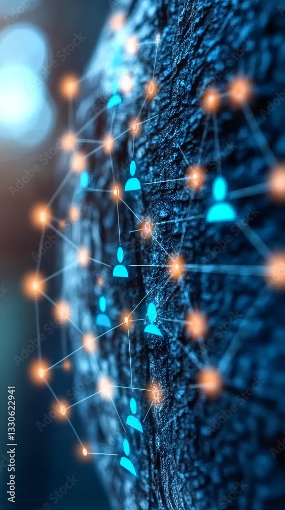 Aufkleber Glowing network lines linking digital user icons around dark textured sphere, representing worldwide communication connection