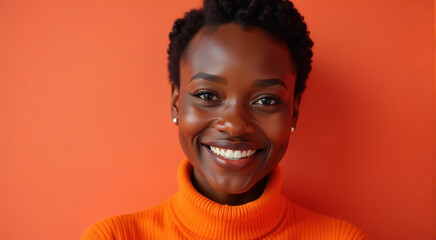 Close-up portrait of a smiling young Black woman against a vibrant orange background. Ideal for projects related to beauty, fashion, and positive emotions.