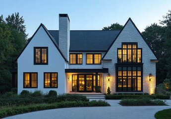 Fototapeta premium Elegant Modern Home Exterior at Twilight with Warm Lighting and Lush Green Surroundings Amidst a Peaceful Neighborhood