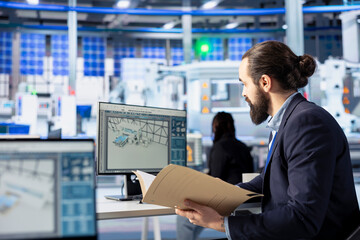 Inspector in solar panel factory checking up on manufacturing equipment, reading documentation files. Man in industrial facility inspecting green energy production process, checking paperwork