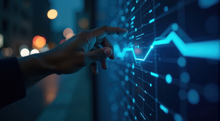 Close up of a hand interacting with a digital interface showing a glowing blue line graph at night.