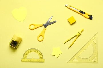 School stationery on yellow background