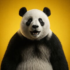 Naklejka premium Panda looking surprised, reacting amazed, impressed, standing over yellow background