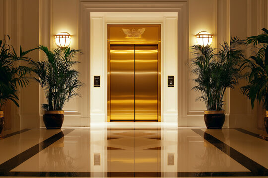 Eleganter Aufzug im luxuri&ouml;sen Foyer mit goldenen Akzenten und Pflanzen

