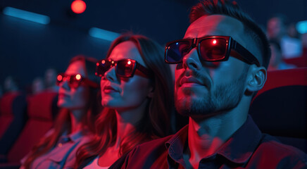 Young couple and woman watching movie in cinema wearing 3d glasses. Neon red and blue light.