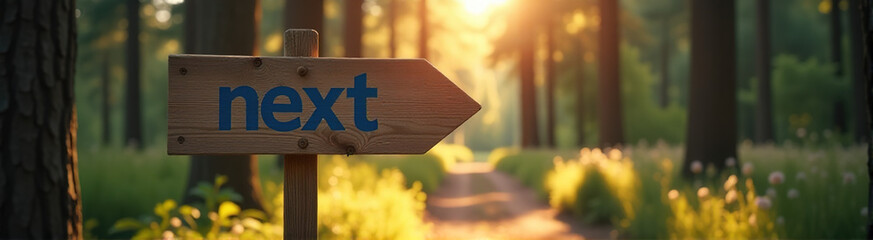 Wooden signpost pointing right in a sunlit forest. Concept of next step, future, journey.