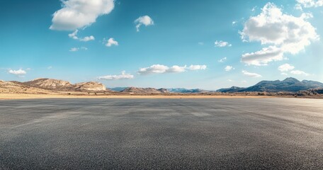 Fototapeta premium Expansive Desert Landscape with Clear Blue Sky, Cloud Puffs, and Scenic Mountains Under Bright Sunlight during Daytime