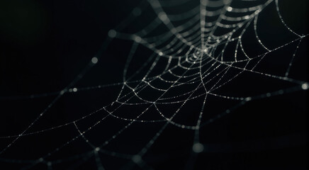 Naklejka premium Close-up shot of a spiderweb covered in dewdrops at night. Perfect for nature or abstract backgrounds.