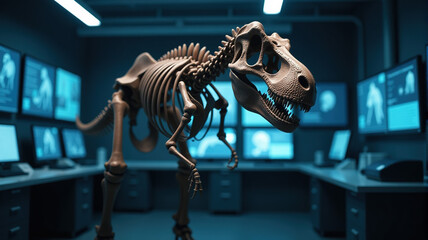 Closeup of a realistic Tyrannosaurus Rex skeleton in a modern laboratory setting with multiple computer screens displaying data.