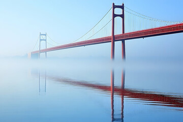 Obraz premium A Serene Morning View of a Majestic Bridge in Foggy Waters