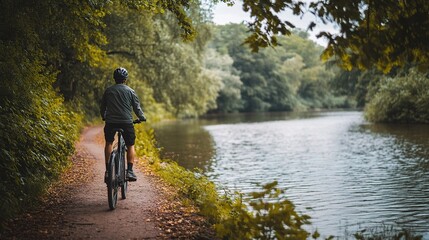 Individual Cycling Along Tranquil Riverbank Surrounded by Nature