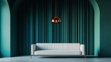 Teal room, modern sofa, pendant light, arched alcoves, interior design