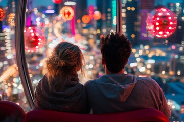 Obraz premium A couple sharing a quiet moment at the top of a Ferris wheel, with city lights twinkling below