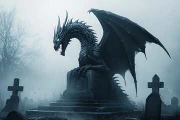 Fototapeta premium A dark, moody illustration of a skeletal dragon rising from an ancient graveyard, its hollow eyes glowing faintly as mist rolls through the scene