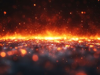 Naklejka premium Fiery Horizon: Glowing Sparks on Dark Ground.