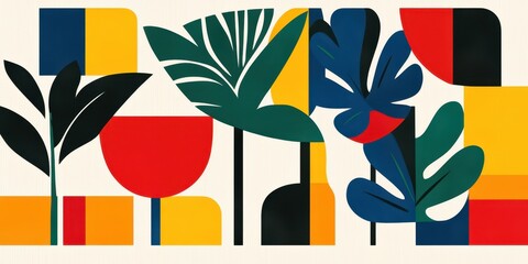 Abstract floral botanical design incorporating geometric shapes and various vibrant colors