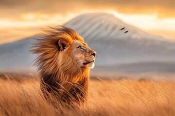 A dramatic shot of a lion roaring, its mane wild in the wind and the savanna stretching endlessly in the background