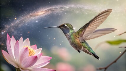 Fototapeta premium Hummingbird and Lotus Flower with Galaxy