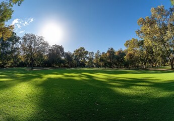 Fototapeta premium Expansive Green Lawn Under Bright Blue Sky with Sunlight and Tree Shadows Creating a Serene Outdoor Landscape in a Peaceful Natural Setting
