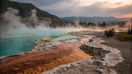 Colorful Geothermal Landscape with Steam