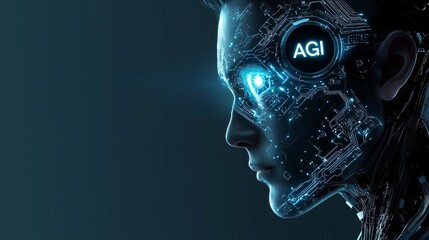 AGI Artificial general Intelligence Futuristic robotic head with glowing circuits.