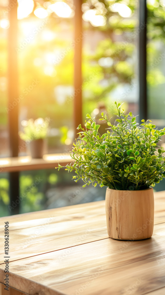 Aufkleber verdant seedling nestled in rustic wooden container, bathing in soft window light, emanating serene 