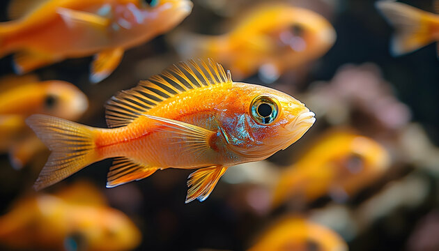 School of golden dwarf cichlids shimmering through aquarium depths serenity