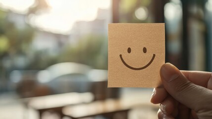 a hand holding a sticky note with a smiley face drawn on it.