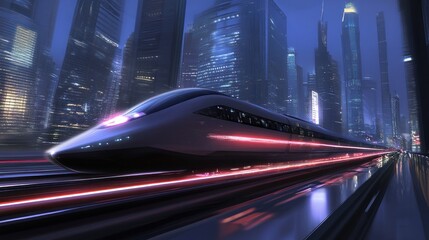 Fototapeta premium Futuristic train in modern city at night