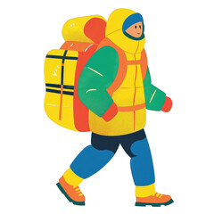 Hiker with large backpack walking forward outdoors; illustration style with bright color isolated on white or transparent png