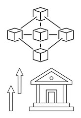 Naklejka premium Blockchain cubes interconnected in a network above a bank building with rising arrows indicating growth, innovation, and financial transformation. Ideal for fintech, blockchain, banking, technology