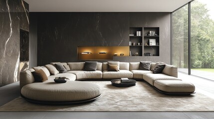 Modern sectional sofa with ottoman in a spacious living room featuring dark walls and large windows