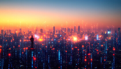 Fototapeta premium Lone man observing a futuristic city with floating digital lights at sunset. Generated with AI.