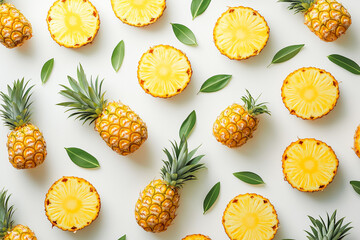 Sliced and Whole Pineapple on White