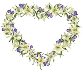 Wreath in heart form of flowers white lily and blue iris. Beautiful frame with watercolor elements for Valentines day, wedding invitation, greeting cards and décor.