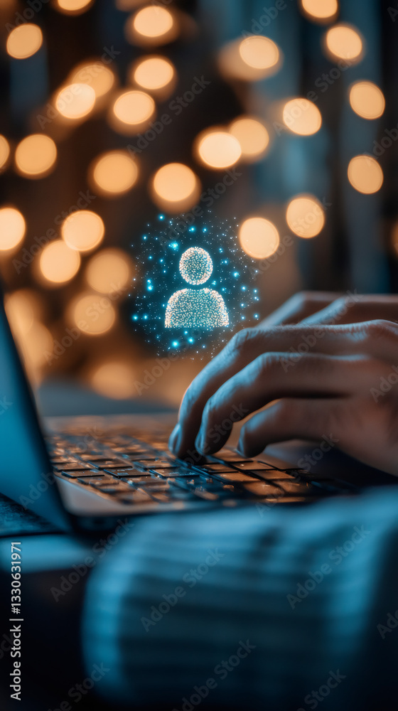 Poster businessman typing on laptop keyboard with glowing user icon, representing online communication and 
