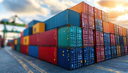 Fototapeta premium Stacked colorful shipping containers in an industrial port with a clear and sunny sky. Generated with AI