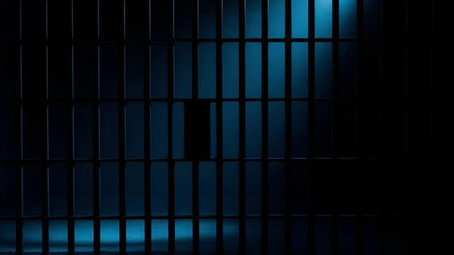Prison Cell Bars Casting Shadows: Symbolizing Confinement and Loss of Freedom. metal prison cell bars casting shadows on the floor, representing themes of incarceration, confinement
