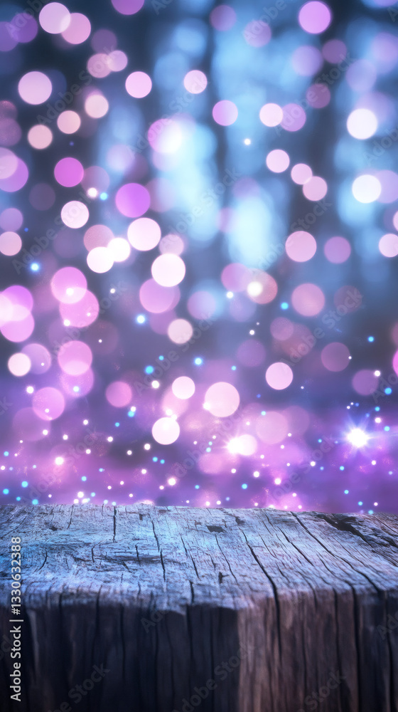 Poster Empty wooden table top with glittering purple bokeh lights creating a magical atmosphere, ideal for product placement