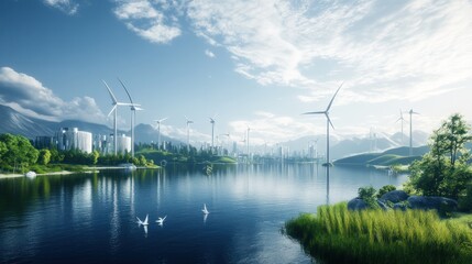 Sustainable City by Lake with Wind Turbines