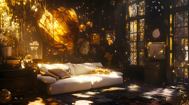 Enchanting Golden Hour Living Room  Mystical Interior Design with Magical Ambiance
