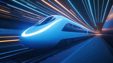 Fototapeta premium Futuristic train in tunnel, motion blur, neon lights