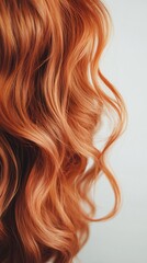 Naklejka premium Long Curly Red Hair Cascading Over a Minimal White Surface, Creating a Flowing and Voluminous Texture. Copy space. Generative AI