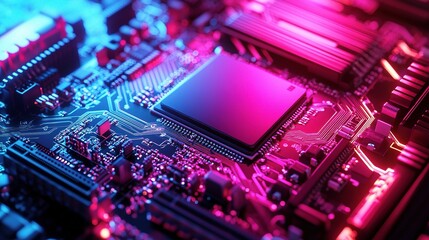 Fototapeta premium Glowing Circuit Connections on a Motherboard with CPU Detail